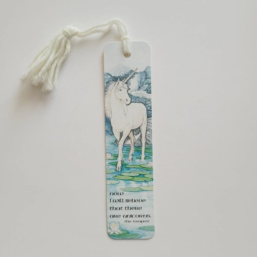Vintage 70s Bookmark White Unicorn The Tempest Quote 1979 Antioch Sunshine H-274